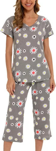 Vista 4 de ENJOYNIGHT Conjunto de pijama para mujer, ropa de dormir de algodón con pantalones capri, lindos pijamas