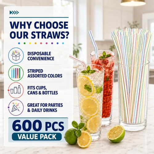Vista 4 de Paquete de 600 pajitas de plástico flexibles de 8 pulgadas, pajitas desechables flexibles para beber 600 Count Value Pack, Flexible Bendy Straws