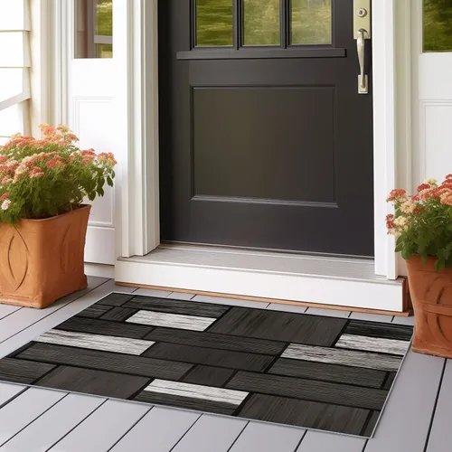 Vista 3 de Alfombra lavable para pasillo, alfombra de cocina de 2 x 5 pies, alfombra de entrada, estilo industrial, paneles de madera, textura suave Negro 6