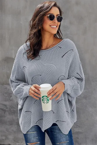 Vista 5 de KDGENG Bat Sleeve Knitting Shawl, Women Winter Knitwear Sweater Irregular Hem Bat Sleeve Knitted Shawl Solid Shawl