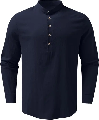 Vista 2 de Camisa de guayabera cubana para hombre, casual, con botones, de manga larga, para playa, hawaiana, para verano, para playa, yoga