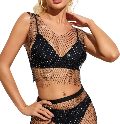 Vista 3 de FlyCC Camiseta corta sexy de malla transparente con diamantes de imitación sin mangas para mujer