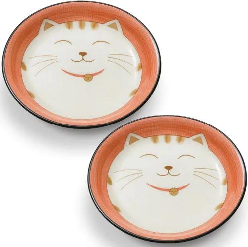 Vista 10 de JapanBargain 2566 - Juego de 2 platos de salsa japonesa de porcelana para aperitivo, postre y pastel con patrón de gato sonriente de la suerte