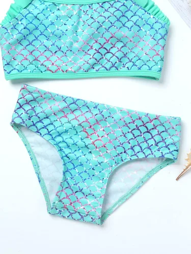 Vista 7 de Traje de baño de dos piezas con estampado de escamas de sirena para niñas y niñas