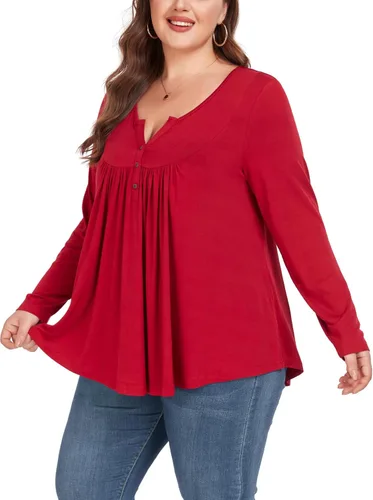 Vista 3 de Camiseta básica para mujer, talla grande, cuello Henley, con botones, ajuste holgado, estilo casual
