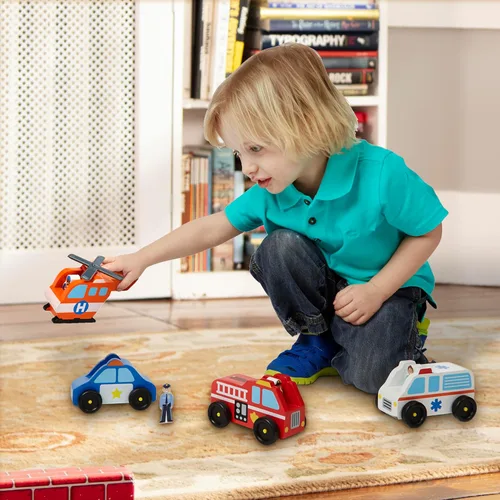 Vista 2 de Melissa & Doug – Juego de vehículos de emergencias de madera con 4 vehículos, 4 figuras de juego