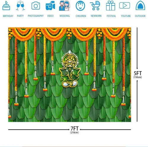Vista 3 de Ticuenicoa India Pooja - Telón de fondo tradicional de 7 x 5 pies, hojas de plátano, color verde, Chatiya Ganesh, fondo de fotografía de Puja
