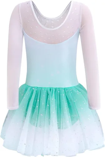 Vista 3 de EQSJIU Leotardo de ballet de manga larga con falda tutú para niñas, baile, gimnasia, niños pequeños, vestido de fiesta de copo de nieve brillante