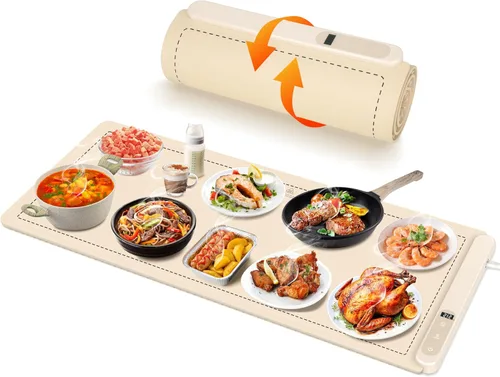 Vista 13 de OcePor (XL 24 x 15 pulgadas) Tapete Calentador de Alimentos, Bandeja de Calentamiento Eléctrica, Calentador de Alimentos Plegable para Fiestas