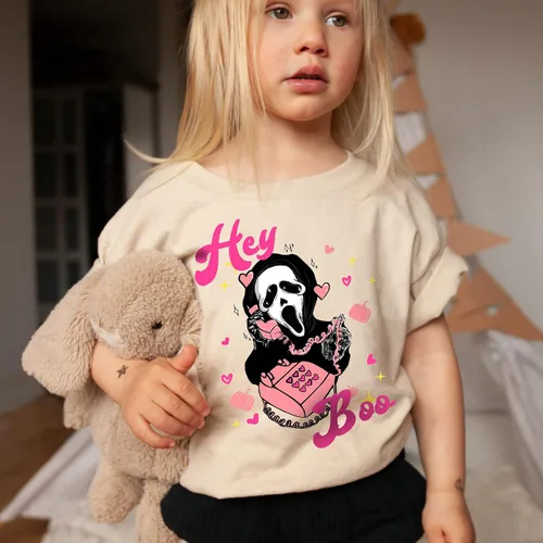 Vista 7 de Hey boo - Camisa de Halloween de película de miedo, camisa de Halloween para niños, camisa espeluznante y linda para niña, disfraz de Halloween