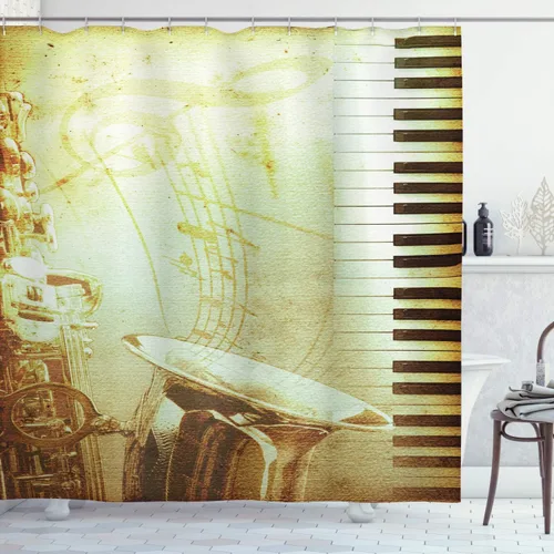 Vista 70 de Ambesonne Decor Collection, juego de cortina con ganchos para regadera Amarillo y marrón
