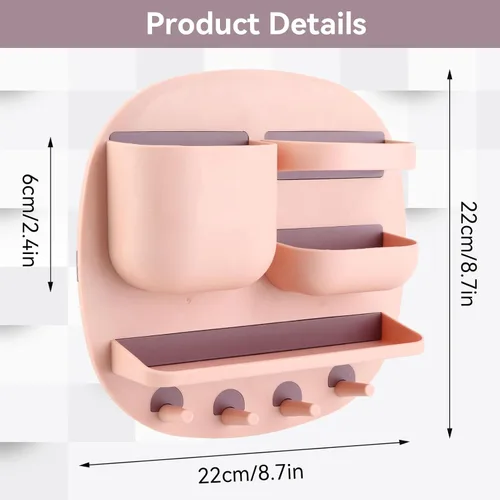 Vista 2 de Estante de montaje en pared, organizador de accesorios de mesita de noche con ganchos, almacenamiento adhesivo para teléfono, control remoto, Rosa