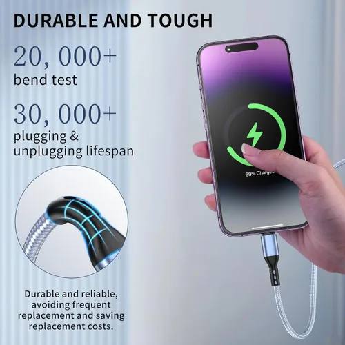 Vista 4 de Paquete de 3 cargadores para iPhone de 10 pies con certificación MFi de Apple, cable Lightning trenzado de nylon de carga rápida, cable de carga USB