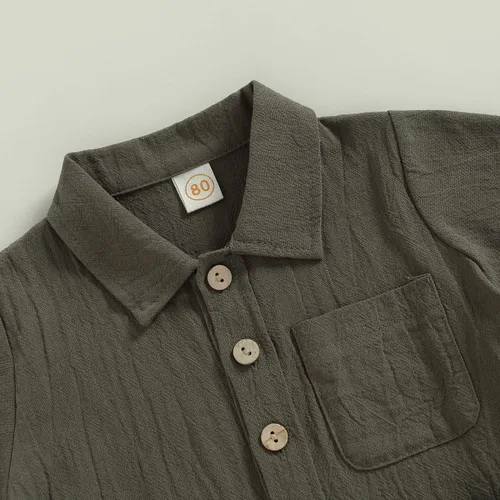 Vista 4 de Conjunto de ropa de verano para bebé y niño, con botones, de manga corta, con bolsillo, color liso, para el verano