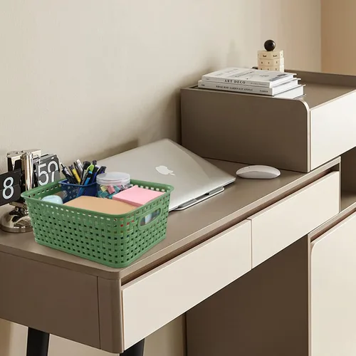 Vista 5 de Cesta de almacenamiento de plástico tejido, 10.03 x 7.55 x 4.09 pulgadas, juego de 6, verde Classic Woven Design, Dual Cutout Handles, Nestable