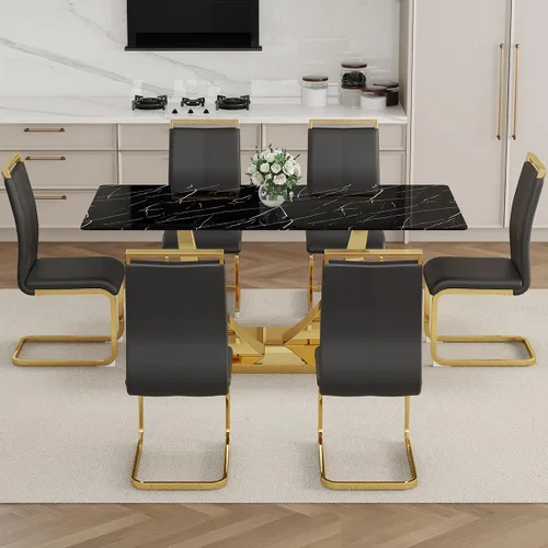 Vista 8 de Juego de Mesa de Comedor Negra para 6, Mesa de Comedor de Mármol Falso de 71" para 6, Juego de Mesa de Cocina Rectangular con Sillas de Cuero PU