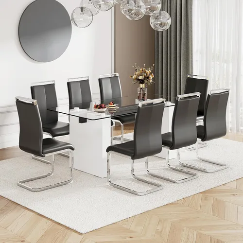 Vista 10 de Juego de mesa de comedor de vidrio de 71 pulgadas para 6, mesa de comedor para 6, mesa de vidrio templado con marco de MDF blanco y 6 sillas