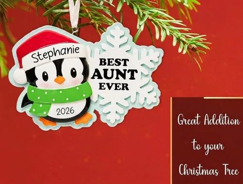 Vista 5 de Adorno navideño personalizado de tía 2026 Decoración personalizada de pingüino para árbol de Navidad Regalo de recuerdo único para la tía tía #1