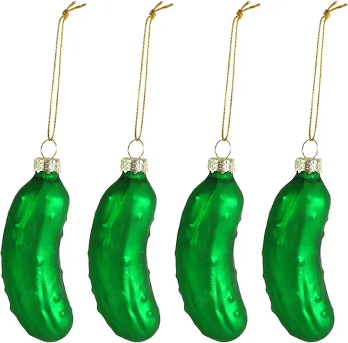 Vista 2 de 10 piezas de adornos de cristal de encurtidos de la suerte, adorno de cristal verde para árbol de Navidad para la familia, decoración de tradición