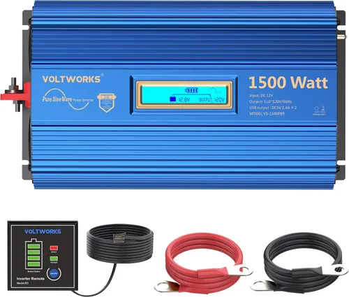 Vista 9 de Inversor de potencia 1100 vatios 12V DC a 110V 120V AC, inversor de 1000 W con pantalla LCD, control remoto, 2 tomas de CA, puertos USB duales