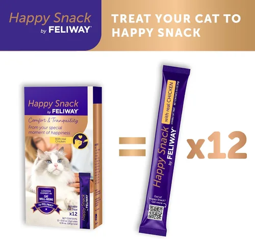 Vista 7 de Happy Snack de FELIWAY®, Golosinas lamibles y exprimibles en puréa para gatos para una rutina diaria de calma, hechas con pollo real, paquete de 12
