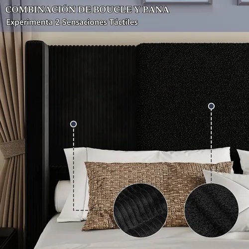 Vista 3 de Lihimte Marco de cama tamaño Queen con cabecera alta y estribo, marco de cama tapizado en bouclé y corduroy con luces LED, marco de cama de Negro