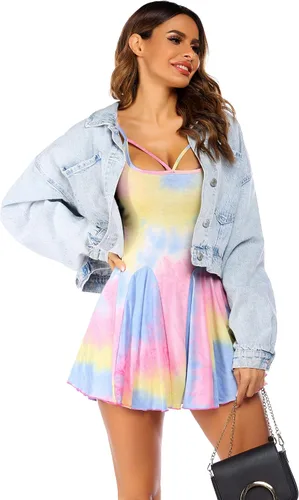 Vista 6 de ADOME Vestidos sexys para mujer sin mangas con tirantes delgados minivestido de fiesta con dobladillo con volantes