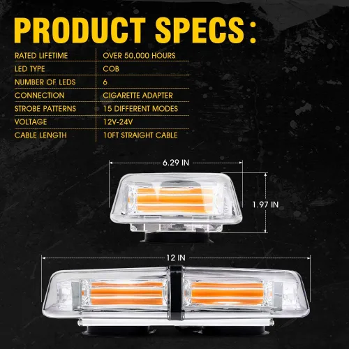 Vista 7 de Xprite Barra de luz estroboscópica LED COB de 12 pulgadas con base magnética, mini luces de baliza de precaución para construcción, remolque