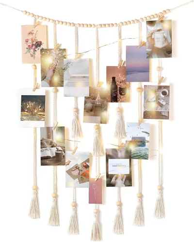 Vista 7 de Mkono Decoración de pared colgante de macramé con cadena de luces, habitación bohemia para dormitorio, cuentas de madera, guirnalda para tarjetas