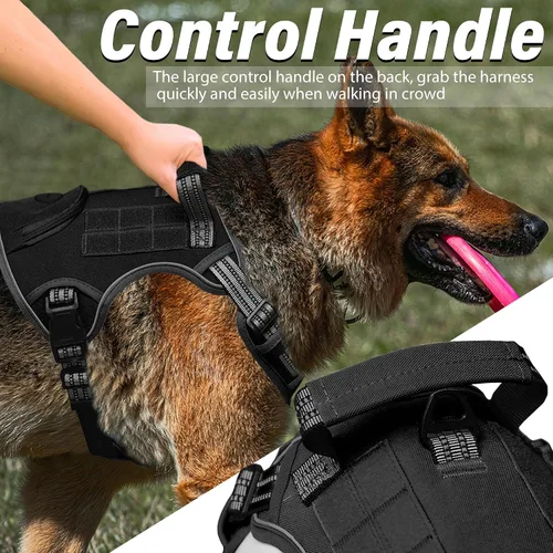 Vista 6 de Arnés táctico resistente para perros grandes, chaleco reflectante ajustable de servicio con mango de control y 4 parches, arnés militar