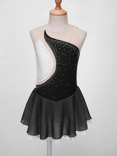 Vista 2 de Kids Girls Sleeveless Figure Ice Skating Dress Leotard Mesh Splice Roller Skating Dance Performance Costume
