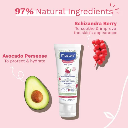 Vista 5 de Mustela Crema hidratante calmante para bebés, hidratante facial para pieles muy sensibles, con aguacate natural y bayas de Schizandra, sin
