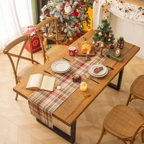 Vista 2 de Camino de mesa de Navidad a cuadros beige, caminos de mesa de vacaciones de invierno de 72 pulgadas de largo, decoraciones de Navidad