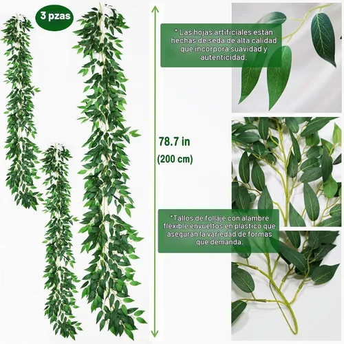 Vista 2 de 3 hebras de vides de Ruscus italiano artificial de 78" de seda, guirnalda de vegetación italiana de Ruscus verde con hojas verdes, vides