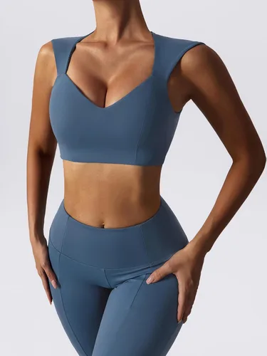 Vista 4 de ABOCIW Conjuntos de entrenamiento para mujer, 2 piezas, leggings acampanados de cintura alta, dobladillo con abertura, cuello en V, brasier