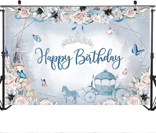 Vista 3 de Mocsicka Telón de fondo de cumpleaños de princesa azul, castillo floral, carruaje, corona plateada, mariposa, decoraciones de cumpleaños para niñas