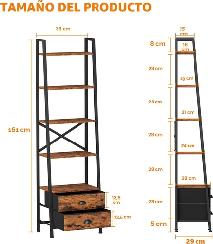 Vista 3 de Furologee - Estantería de 5 niveles con estante de escalera y 2 cajones, estanterías estrechas de almacenamiento, estanterías industriales