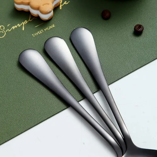 Vista 7 de Berglander - Juego de 4 cucharas de sopa negras de acero inoxidable chapado en titanio de 7.5 pulgadas, cucharas redondas brillantes, juego