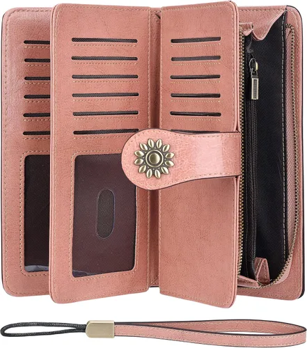 Vista 3 de Lavemi - Cartera de piel con bloqueo RFID para mujer, de gran capacidad, para llevarla a la muñeca