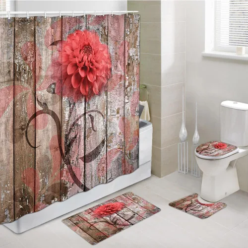 Vista 19 de JAWO Alfombra de baño con flores de granja, dalia en tablones de madera rústica, juego de tapetes de baño con flores azules, en forma de U