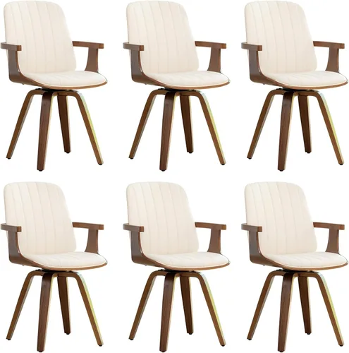 Vista 15 de WUPOTO Juego de 1 silla de comedor giratoria, silla de comedor moderna de mediados de siglo con artesanía de nogal, piel sintética tapizada, brazos