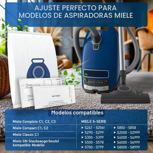 Vista 4 de Paquete de 10 bolsas de aspiradora 3D Airclean GN compatibles con aspiradora de recipiente Miele Classic C1, Complete C1, Complete C2, Complete C3