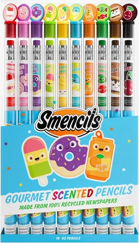 Vista 2 de Smencils - Lápices patentados de grafito perfumado gourmet HB #2 hechos de periódicos reciclados, 10 unidades, regalos para niños, suministros