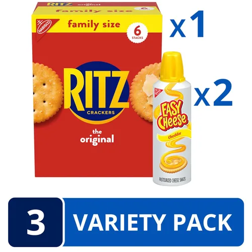 Vista 3 de RITZ Galletas Originales y Queso Fácil Cheddar, paquete variado de aperitivos, 1 caja de tamaño familiar y 2 latas