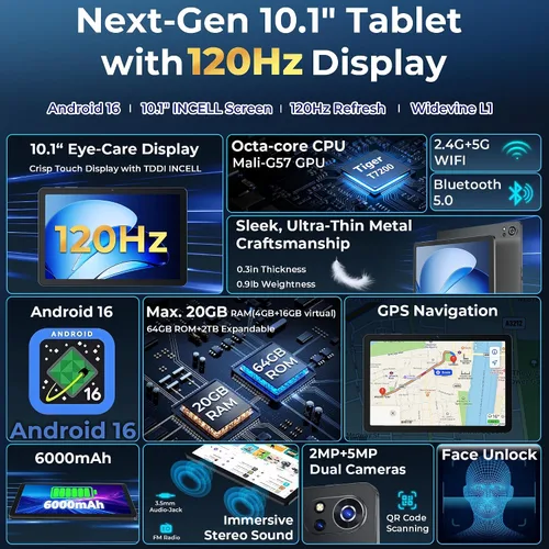 Vista 3 de Tablet Android 16, pantalla IPS de 10 pulgadas 120Hz de visualización suave, 20GB+64GB+2TB ampliables, CPU Octa-Core, batería de 6000mAh, WiFi