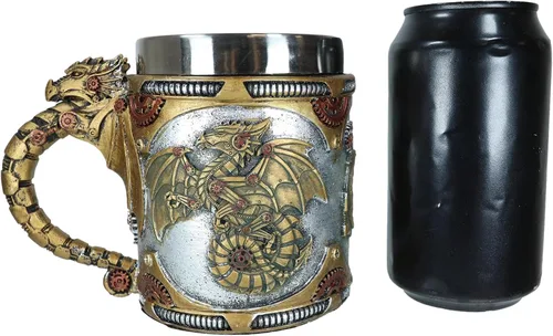 Vista 8 de Ebros Gift Fantasía Golden Steampunk Cyborg Dragón robótico en viaje a la luna Cerveza Stein Tankard Taza de café Calabozos y Dragones Victoriano