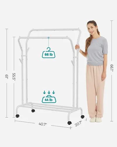 Vista 5 de SONGMICS Perchero de ropa de doble barra para colgar ropa con ruedas, perchero de ropa, marco de metal, 220 libras máx. carga total, 40.7 pulgadas