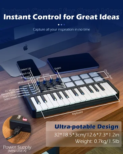 Vista 3 de Vangoa Controlador de Teclado MIDI 25 Teclas, Worlde Panda MINI Teclado USB Midi con Almohadillas de Percusión, Máquina Creadora de Ritmos, Negro