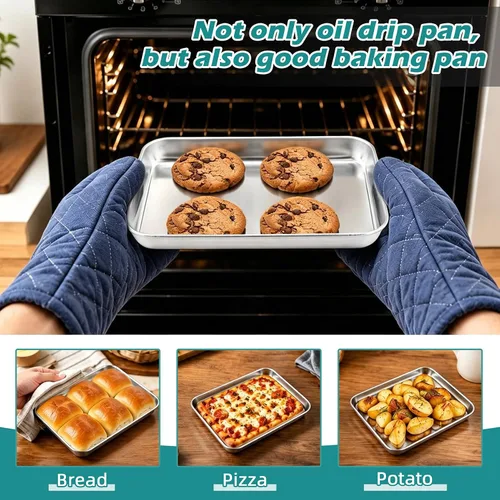 Vista 6 de TeamFar Paquete de 2 cestas para freidora de aire para horno, 9.3 x 7 x 1.9 pulgadas Stainless Steel, with Grease-Catching Tray, Less Oil &