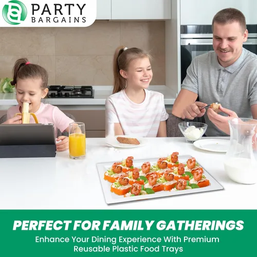 Vista 6 de PARTY BARGAINS Bandejas de plástico de 16 x 11 pulgadas, paquete de 4, bandejas desechables de plástico blanco, excelentes para bodas, bufés
